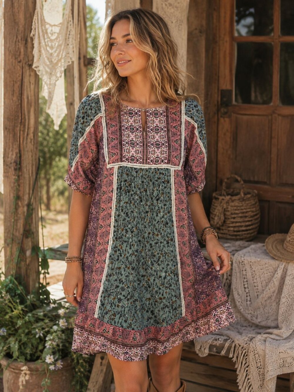Sundance Boho Patchwork Print Tunic Dress